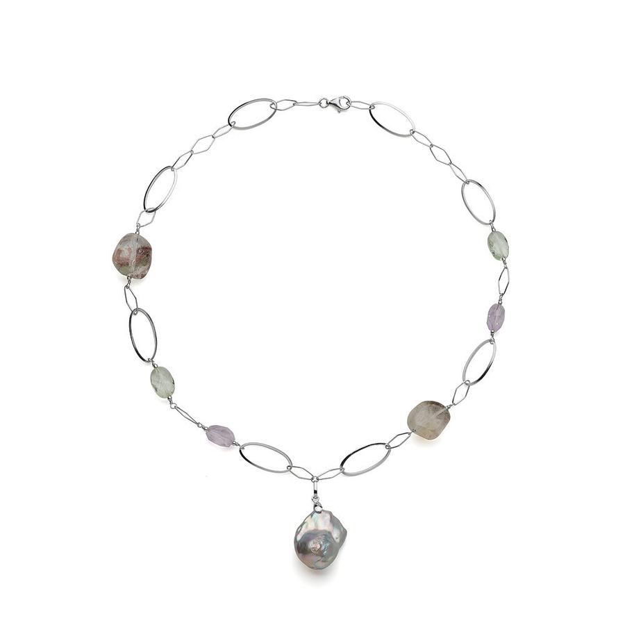Sterling Silver Necklace with Baroque and Quartz stones