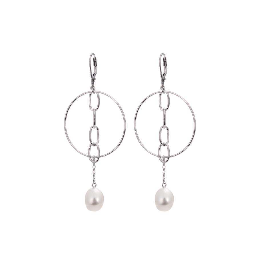 Exquisite Sterling Silver & Freshwater Hoop with Pearls Dangling Earring