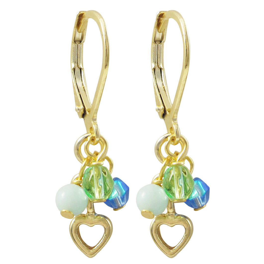 BLUE, GREEN, AMAZONITE 4MM BEADS AND OPEN HEART DANGLING LEVER BACK EARRINGS