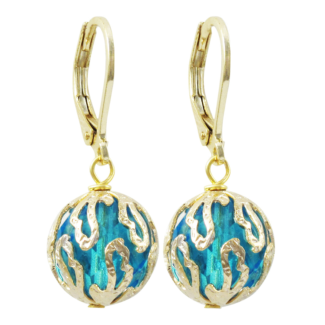 CAGED AQUA CRYSTAL STONE  BALL LEVER BACK EARRINGS