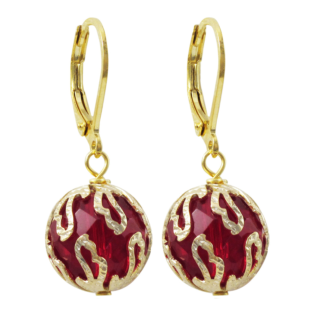 CAGED RED AB CRYSTAL STONE  BALL GOLD LEVER BACK EARRINGS