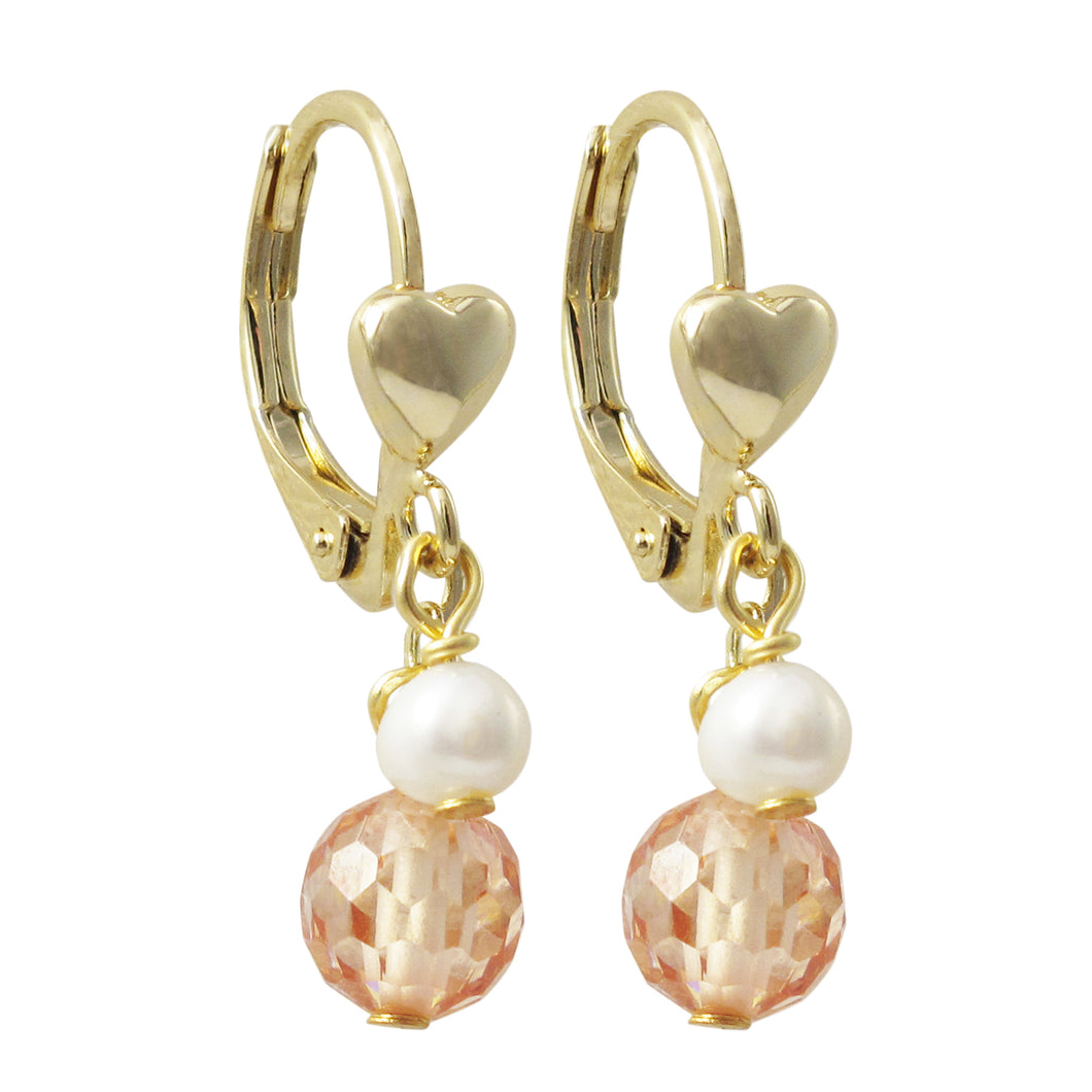 CHAMPAGNE WITH WHITE  FRESH WATER PEARL LEVER BACK EARRINGS WITH HEART