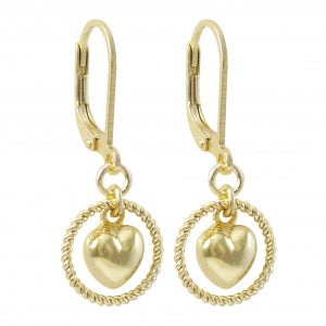 GOLD PLATED BRASS PUFFY HEART LEVER BACK EARRINGS