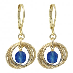 BLUE CZECH STONE IN TRIPLE OPEN RINGS, GOLD PLATED LEVER BACK EARRINGS