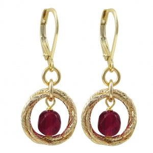 GARNET 6MM FIRE POLISH CZECH STONE IN TRIPLE OPEN RINGS LEVER BACK EARRINGS