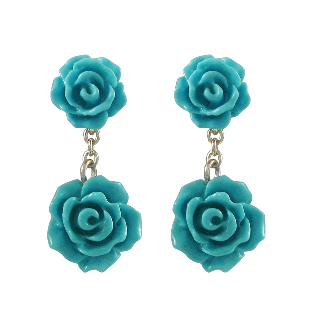 TURQUOISE ROSE FLOWER DANGLING, GOLD PLATED STERLING SILVER POST EARRINGS,