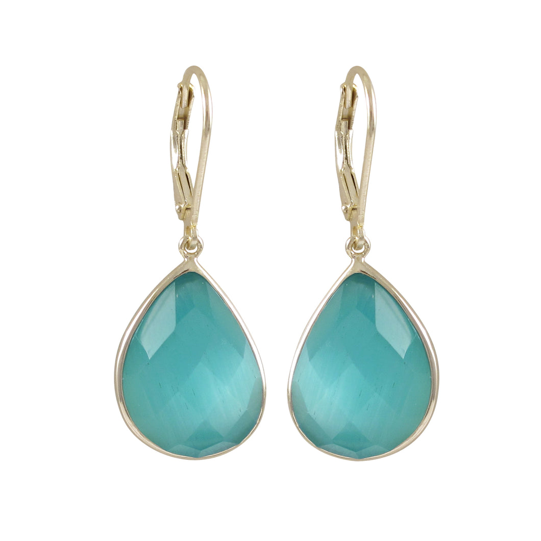 AQUA CAT'S EYE  STONE ON GOLD PLATED STERLING SILVER LEVER BACK EARRINGS