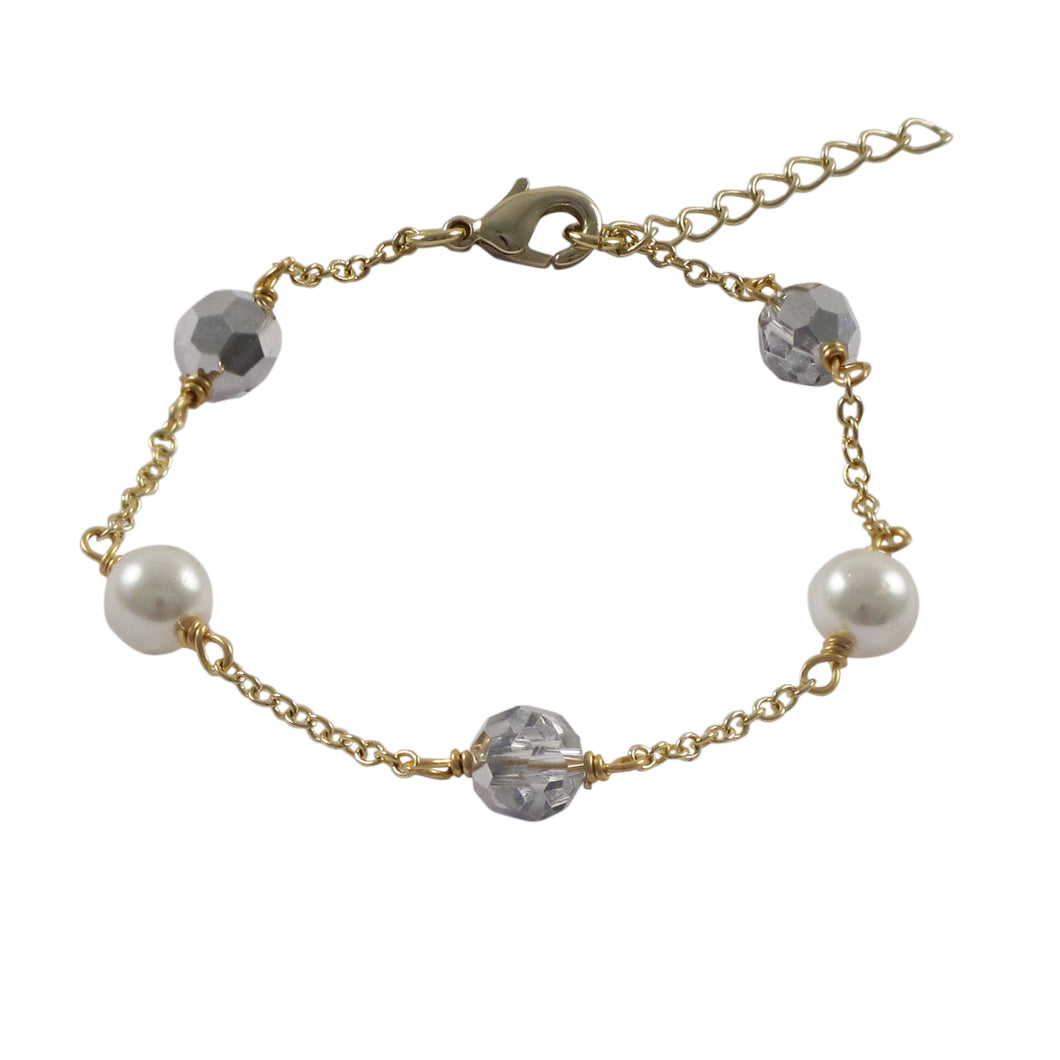 SILVER  PRECIOSA BEADS AND WHITE GLASS PEARLS ON GOLD BRACELET