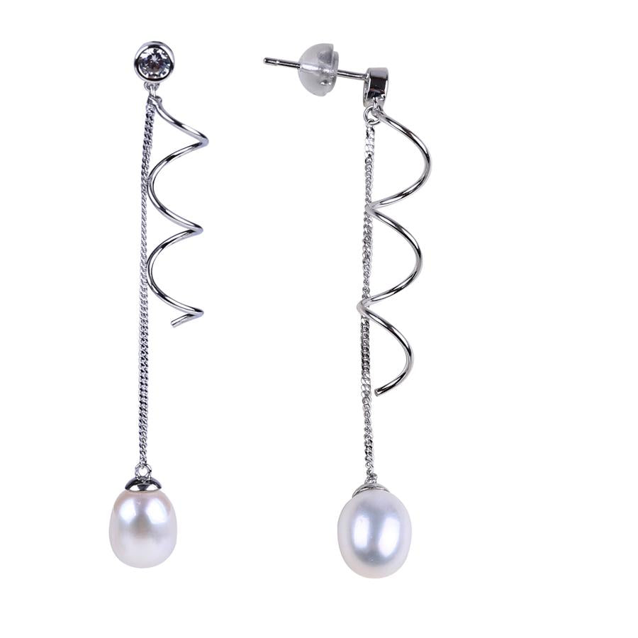 Stunning Sterling Silver Swirl & Dangling Drop Shape Pearl Earring