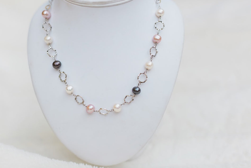Multi-Coloured Cultured Freshwater Pearls Beaded Necklace in Sterling Silver