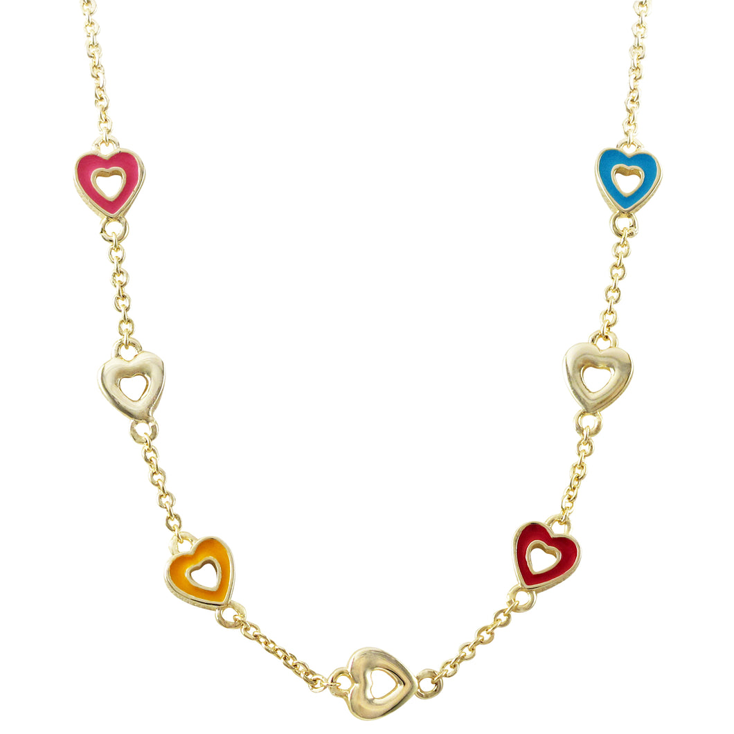 MULTI COLOR ENAMEL AND GOLD OPEN HEARTS, GOLD PLATED BRASS NECKLACE