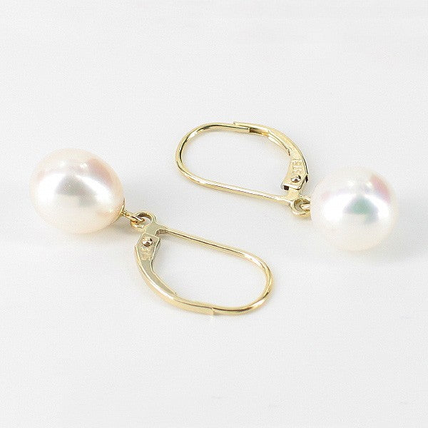 White Drop Freshwater Pearl Leverback Earrings 8-8.5mm On 10K Gold