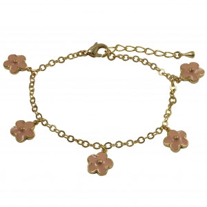 PINK ENAMEL FLOWERS DANGLING ON A GOLD BRACELET