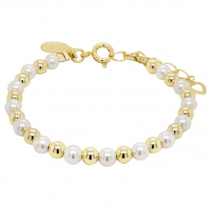 WHITE 4MM SHELL PEARLS AND GOLD BALLS, ON GOLD PLATED BRASS CHAIN BRACELET