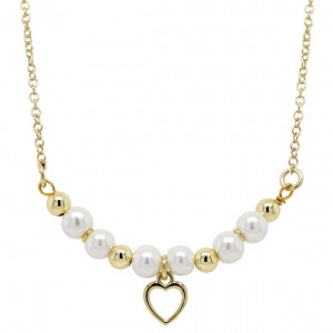 OPEN HEART CHARM, WHITE PEARL AND GOLD BALL NECKLACE