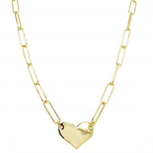 Gold Plated Brass Paper Clip Chain Necklace with Heart Charm