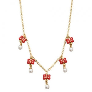 RED ENAMEL BOW TIE CHARMS WITH PEARLS NECKLACE, 15